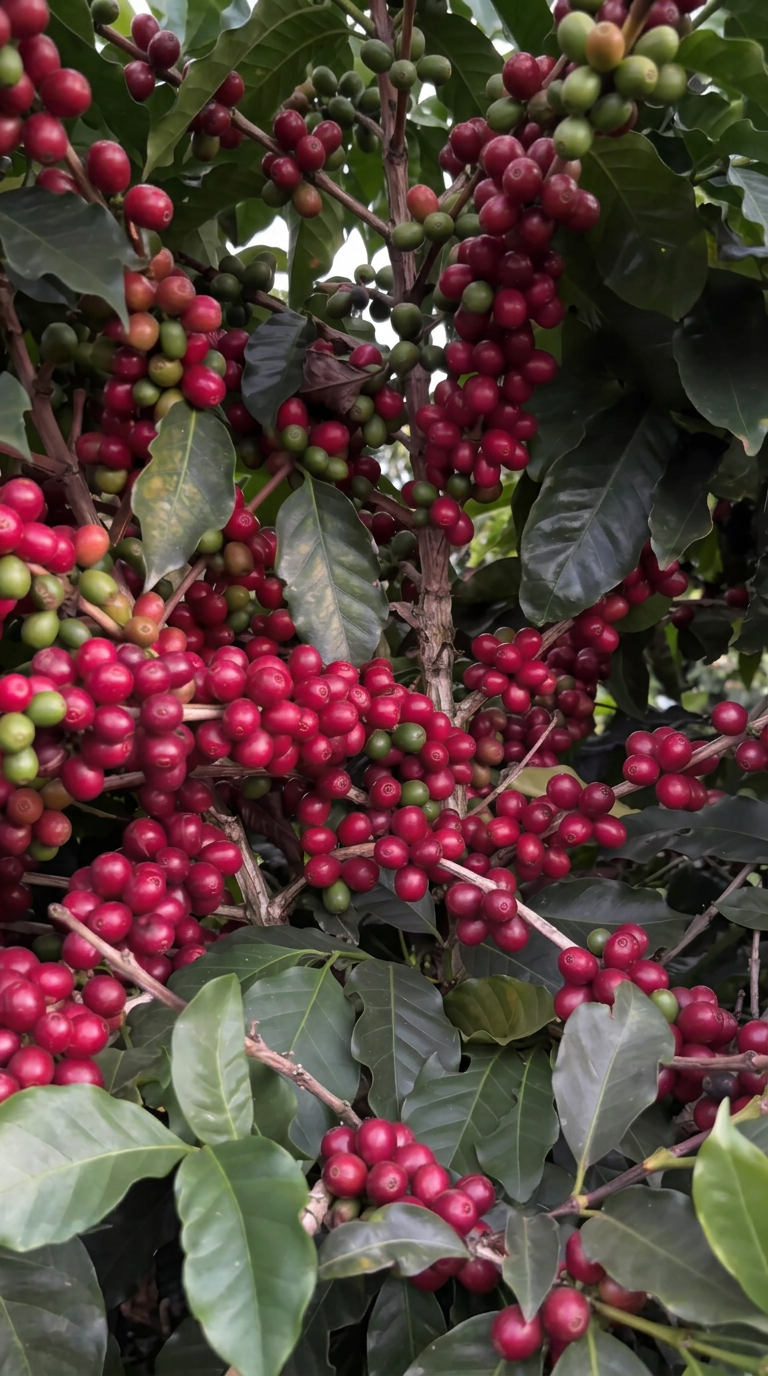Galho carregado de cerejas de café maduras