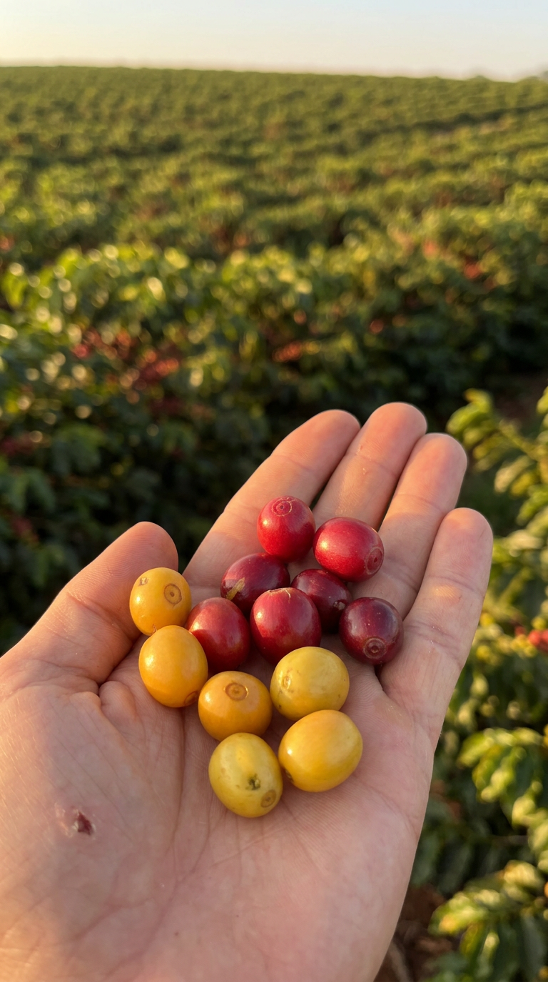 Mão segurando cerejas de café maduras vermelhas e amarelas